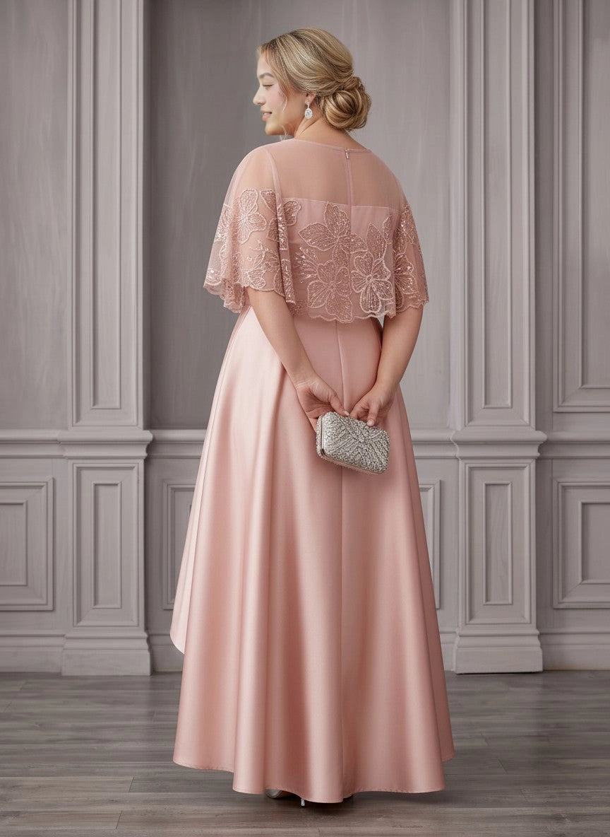 Roselledress lace cape formal dress plus size closed back zipper wedding guest high low dress back view