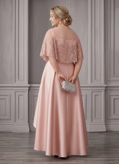 Roselledress lace cape formal dress plus size closed back zipper wedding guest high low dress back view