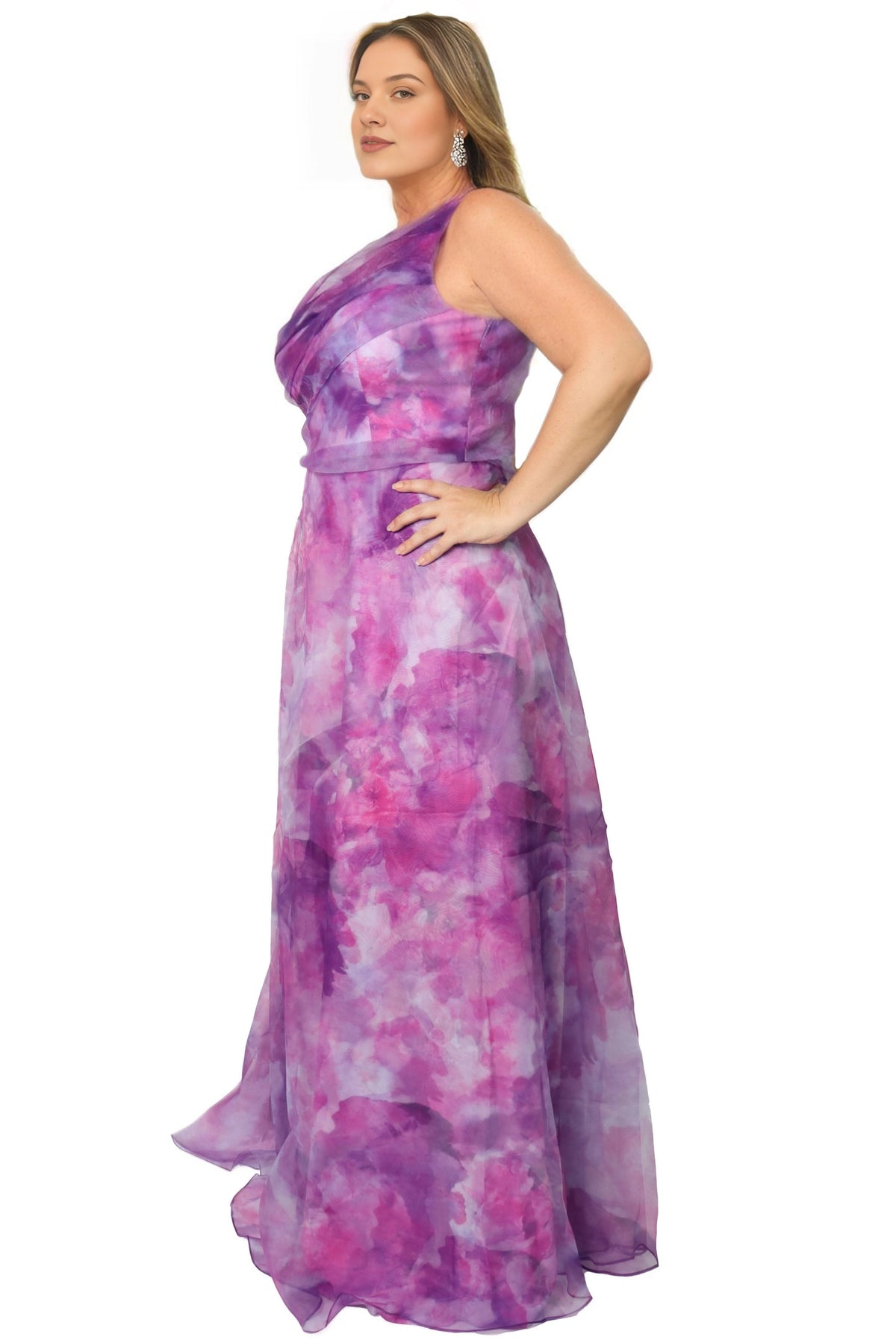 Plus Size Jacquard Chiffon One-Shoulder Long Wedding Guest Dress