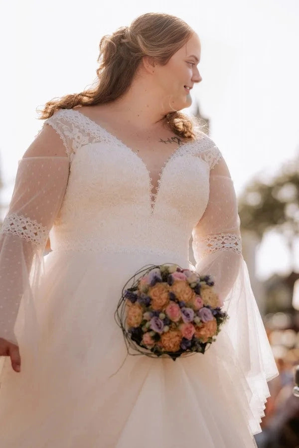 Soft A‑Line V‑Neck Mid‑Sleeve Lace‑Up‑Back Train Plus Size Wedding Dress