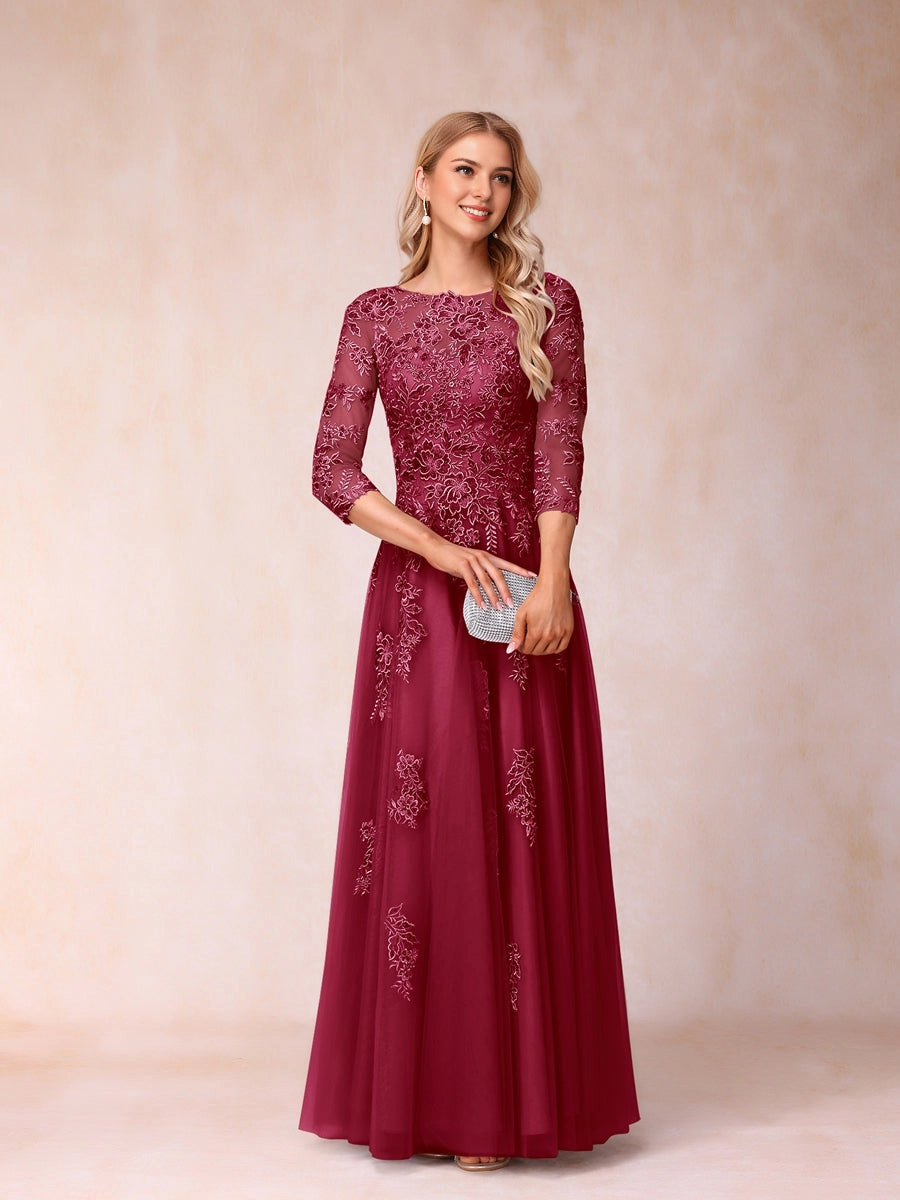 Graceful A Line Round 3/4 Sleeve Illusion V Back Lace Long Mother Of Bride Dress