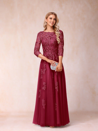 Graceful A Line Round 3/4 Sleeve Illusion V Back Lace Long Mother Of Bride Dress