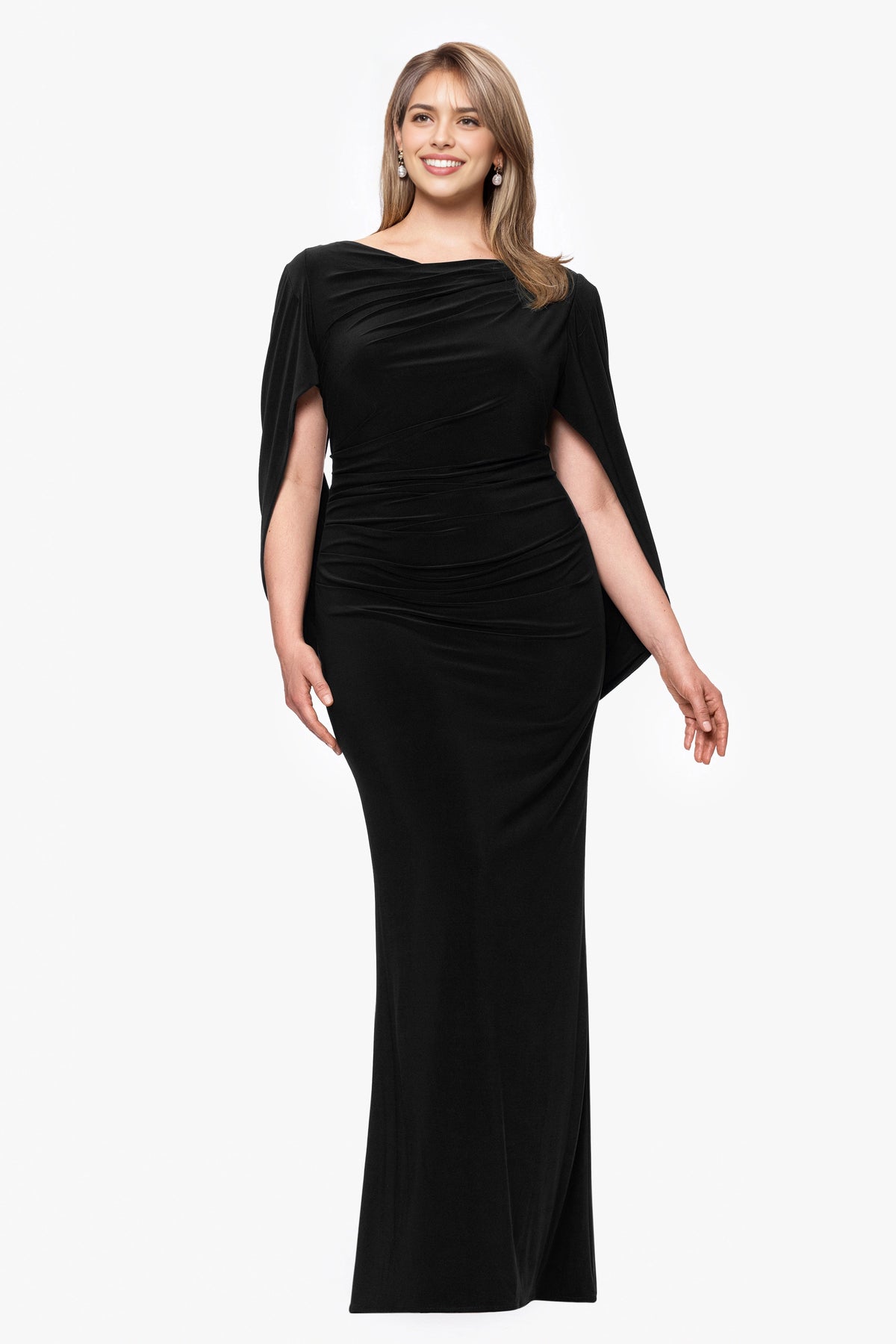 Plus Size Elegant Sheath Boat Neck Cape Sleeve V-Back Maxi Wedding Guest Dress