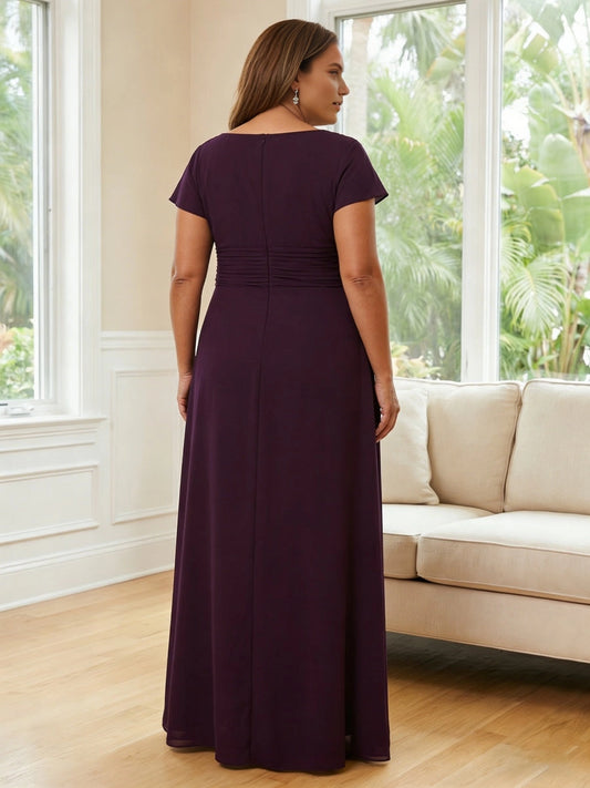 Back view roselledress round zip‑back cap sleeve ruched waist chiffon floor‑length plus size wedding guest gown