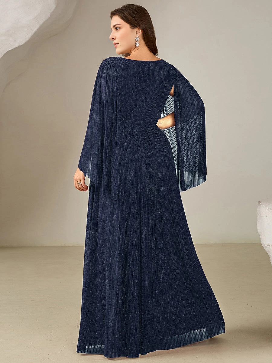 Roselledress Burgundy A Line V Neck Cape Sleeve Cutout Back Maxi Plus Size Wedding Guest Dress