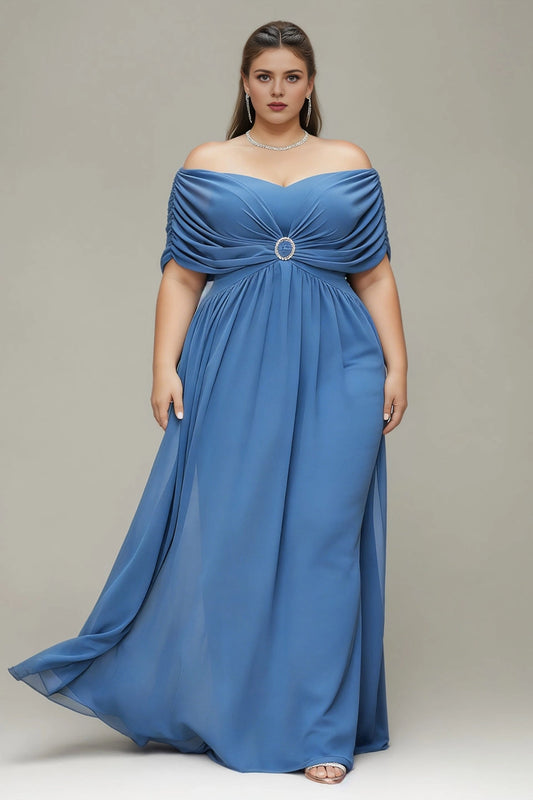 Roselledress dusty blue plus size prom dress off‑the‑shoulder draped sleeve chiffon formal evening gown with rhinestone accent