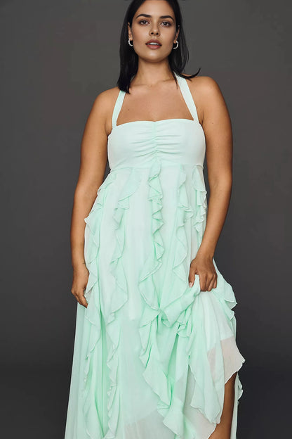 Flowy A‑Line Halter Sleeveless Tie‑Back Maxi Plus Size Wedding Guest Dress