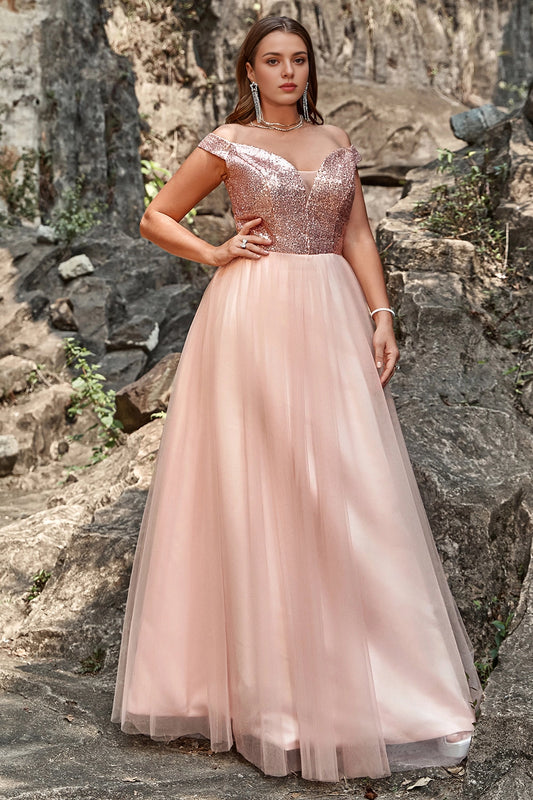 Blush Plus Size A‑Line Off‑Shoulder Cap Sleeve Zipper Back Long Prom Dress