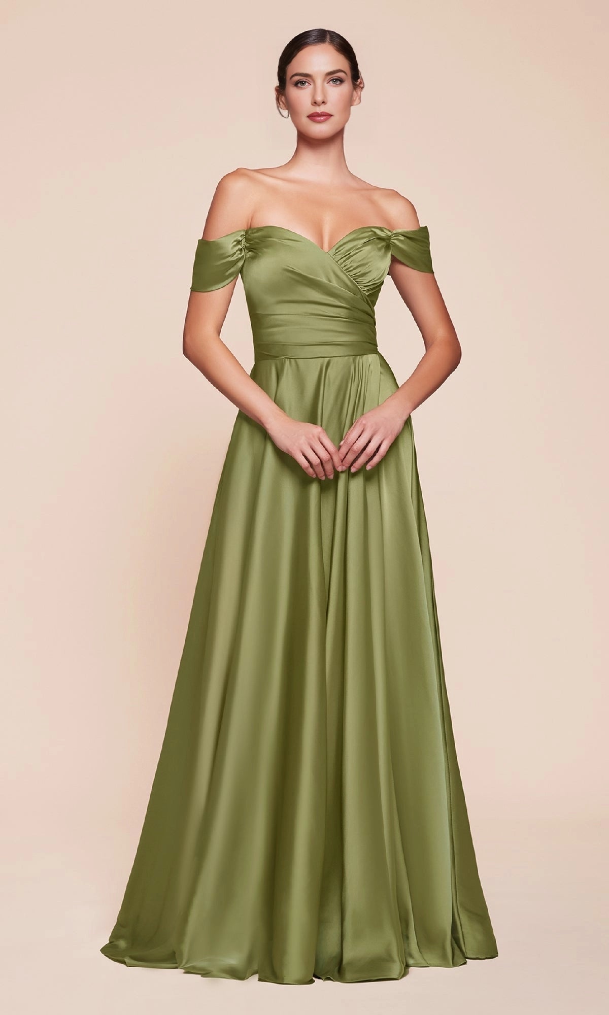RoselleDress Olive Off Shoulder Wrap Satin Prom Dress