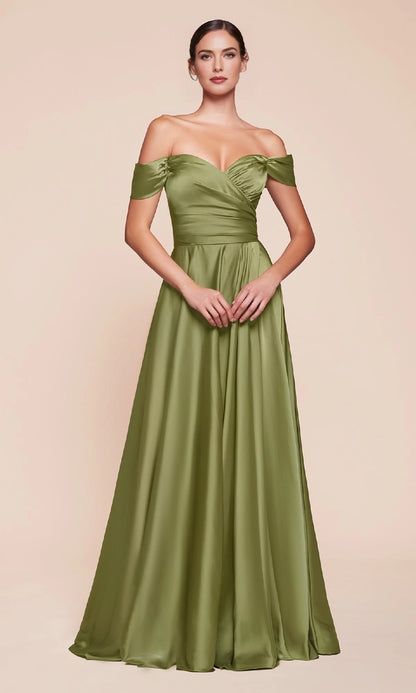 RoselleDress Olive Off Shoulder Wrap Satin Prom Dress