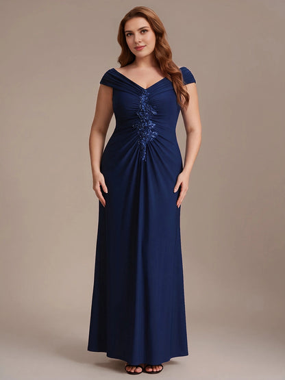 RoselleDress navy blue off shoulder ruched mermaid plus size floor length wedding guest formal dress with lace beaded detail