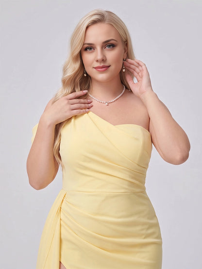 Glamorous Mermaid One Shoulder Ruched High Slit Back Zipper Floor Length Plus Size Bridesmaid Dress