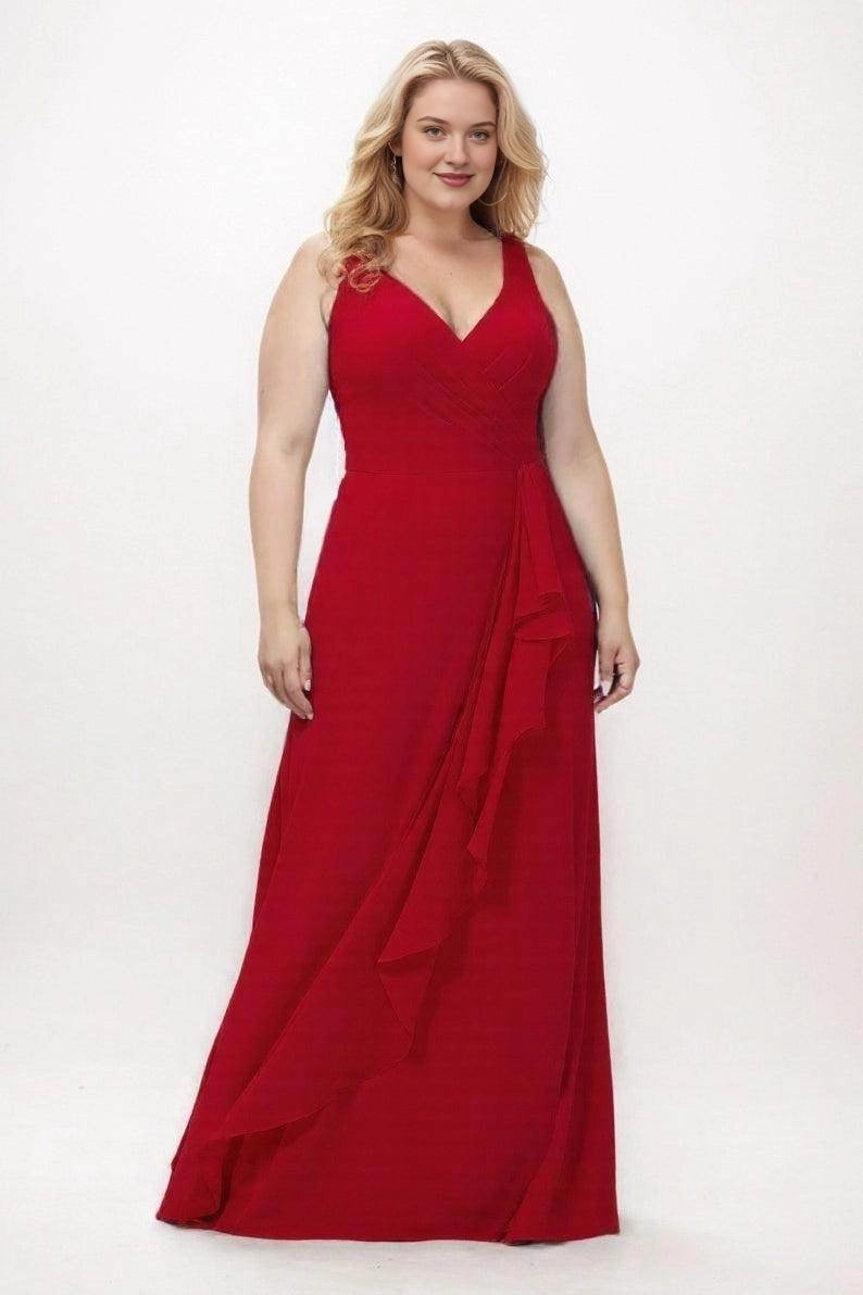 Red chiffon A-line bridesmaid dress with a pleated V-neck, wide shoulder straps and cascading front ruffles, front view.