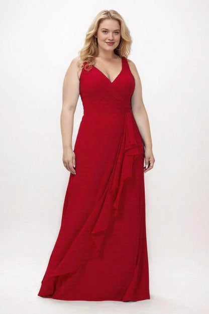 Red chiffon A-line bridesmaid dress with a pleated V-neck, wide shoulder straps and cascading front ruffles, front view.