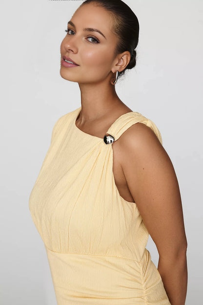 Crinkled Draped Asymmetric One‑Shoulder Sleeveless High‑Back Maxi Plus Size Wedding Guest Dress