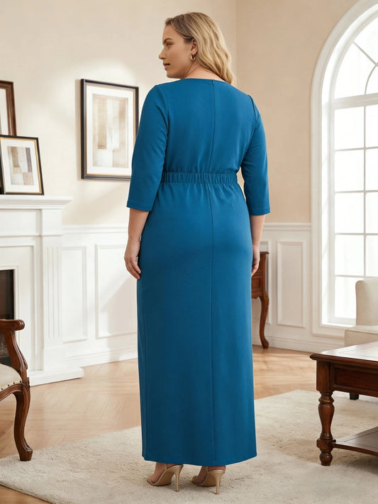 Back view roselledress round zip‑back elastic waist 3/4 sleeve knit column floor‑length plus size wedding guest gown
