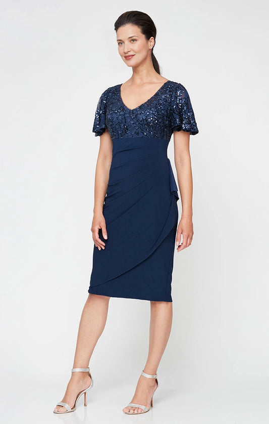 roselledress navy sequin mesh sheath mother of the bride dresses front view v neck flutter sleeve ruched waist knee length crepe formal gown