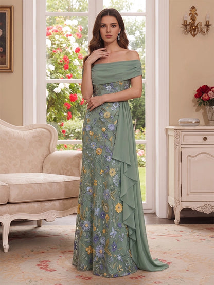 roselledress sage green off shoulder colorful floral embroidery tulle mother of bride gown with chiffon sash