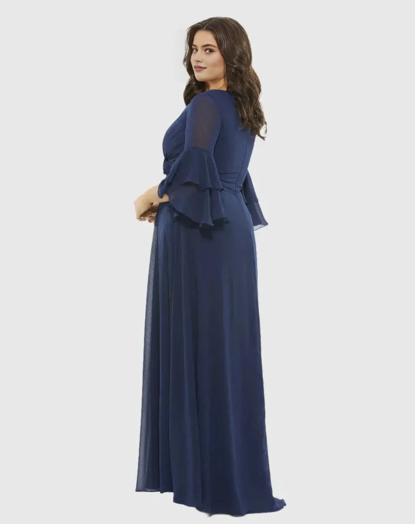 Roselledress navy chiffon formal dress closed back layered bell sleeve plus size floor‑length bridesmaid gown back view