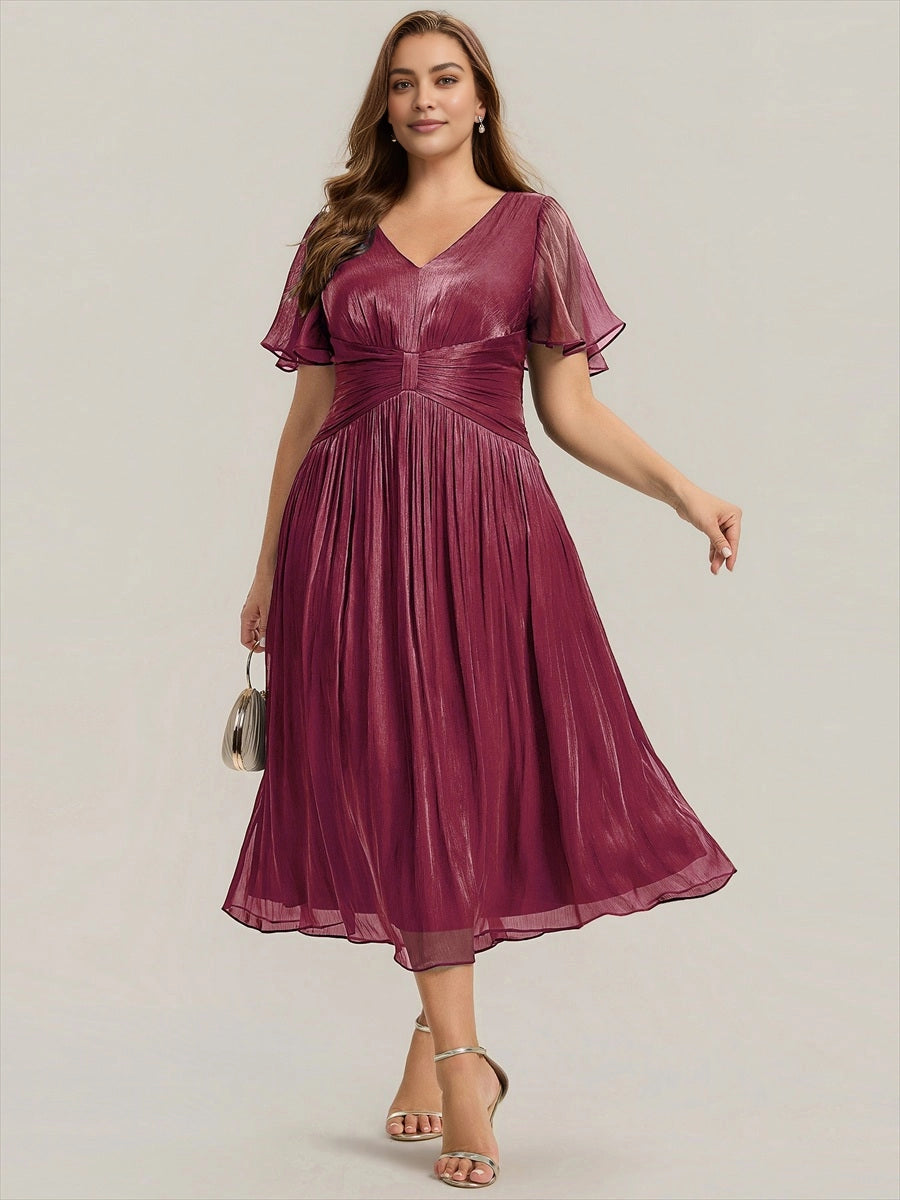 Sage Shimmer Chiffon Flutter Sleeve Midi Plus Size Wedding Guest Dress