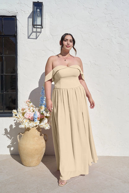 Romantic A-Line Sweetheart Off Shoulder Zipper Back Long Plus Size Bridesmaid Dress