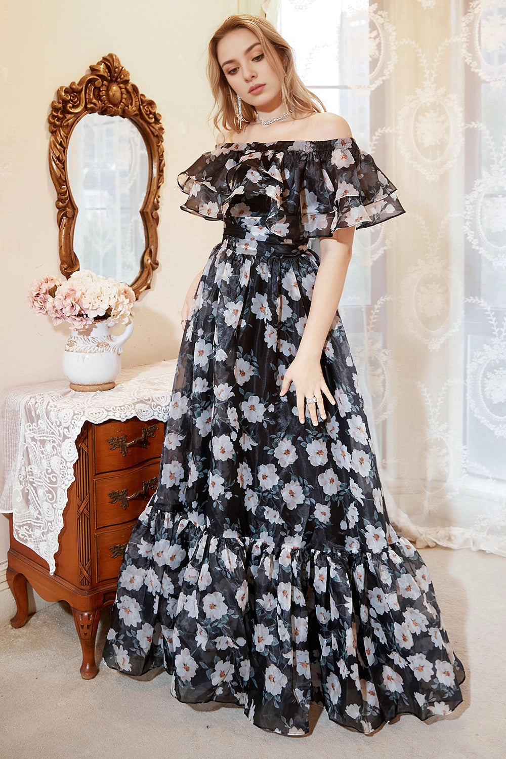 Plus Size Floral‑Print A‑Line Off‑The‑Shoulder Flutter‑Sleeve Simple‑Back Floor‑Length Prom Dress