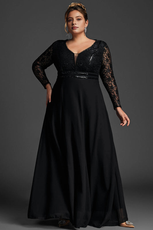 Roselledress black sequin lace plus size mother gown deep v long sleeve chiffon maxi dress full front shot