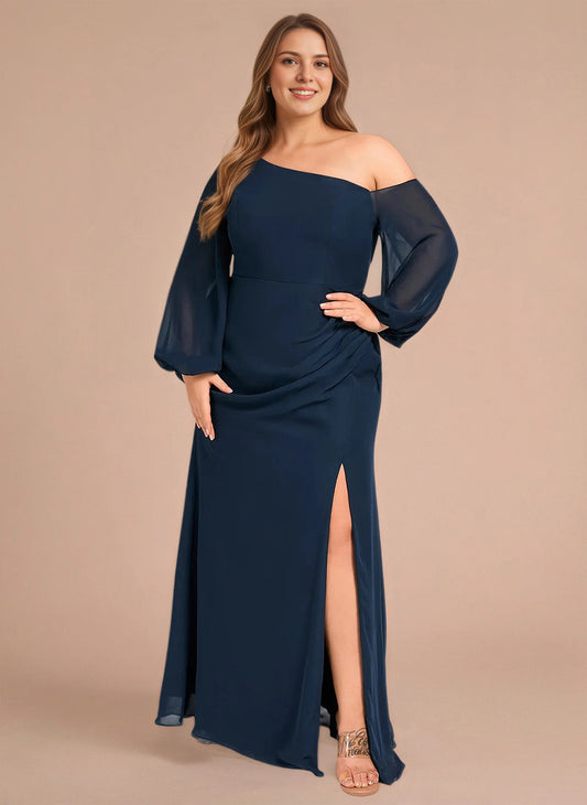 Roselledress navy plus size chiffon bridesmaid dress one shoulder long sleeve side slit front view