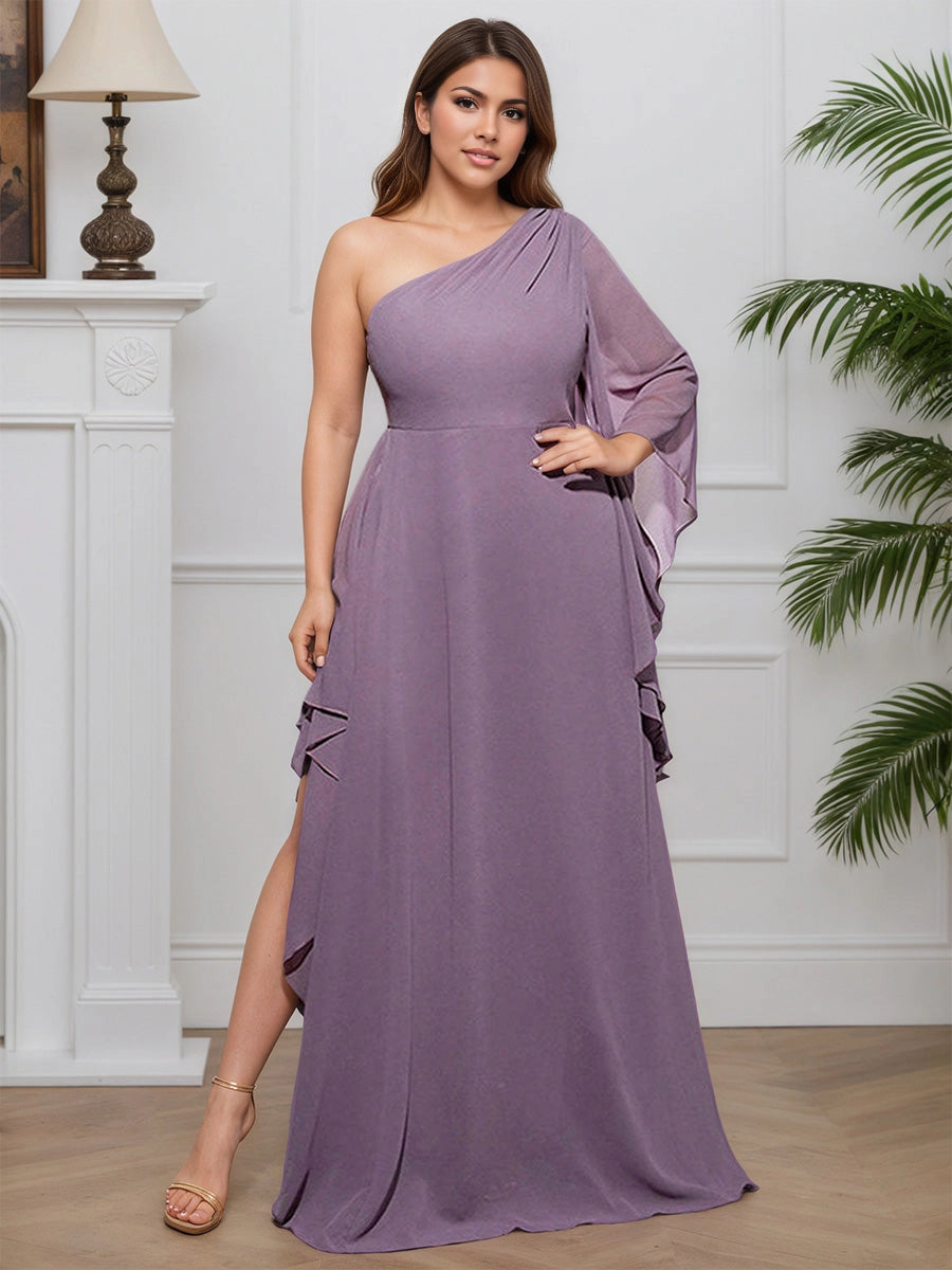 Elegant A‑Line One‑Shoulder Chiffon Cape‑Sleeve Open‑Back Floor‑Length Formal Plus Size Mother Of The Bride Dress