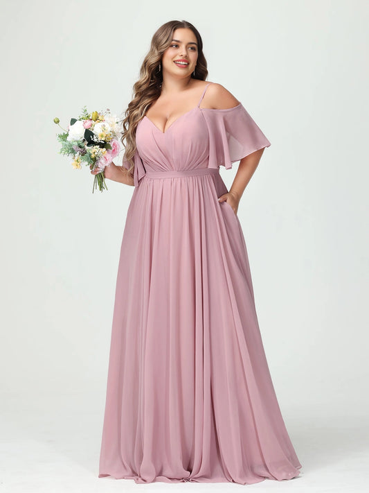 roselledress dusty pink chiffon plus size bridesmaid dress off shoulder flutter sleeve v neck with side pockets spring garden wedding maxi gown