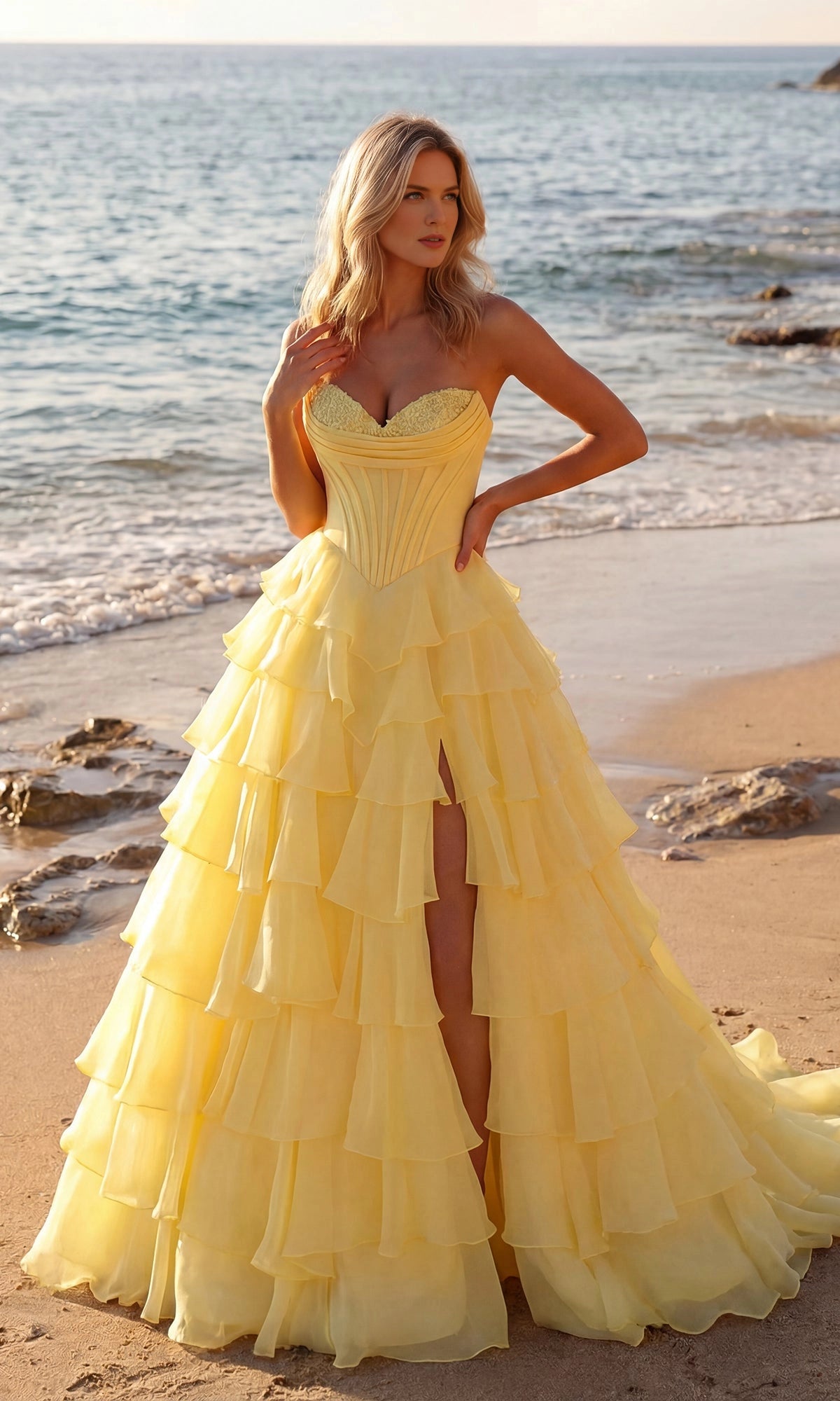 roselledress pale yellow chiffon strapless lace sweetheart corset tiered ruffle high slit long prom gown sunset beach front full shot 