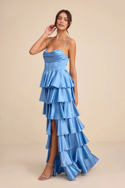 Light Blue Tiered Cowl Spaghetti Criss Cross Lace Up Maxi Prom Dress