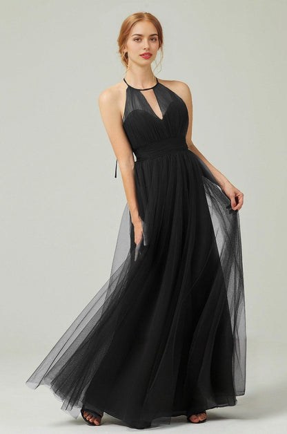 Plus Size Elegant Tulle A-Line Halter Sleeveless Open-Back Floor-Length Bridesmaid Dress