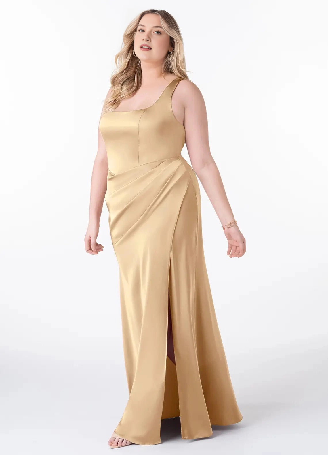 Roselledress Champagne Plus Size Square Neck Keyhole Back Long Bridesmaid Dress