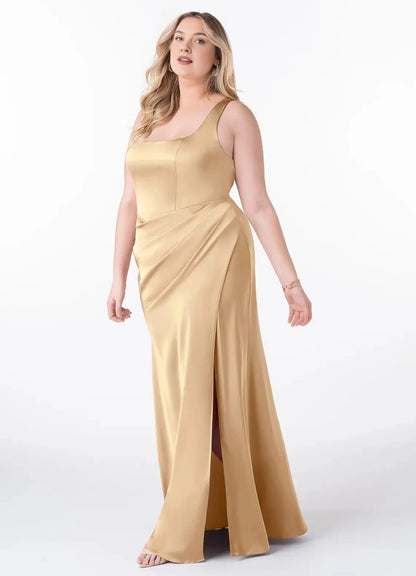 Roselledress Champagne Plus Size Square Neck Keyhole Back Long Bridesmaid Dress