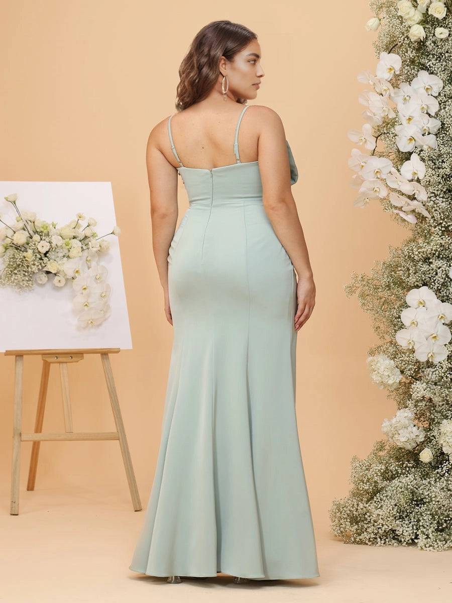 RoselleDress sage green plus size mermaid bridesmaid gown adjustable spaghetti strap zipper back satin dress back view floor‑length