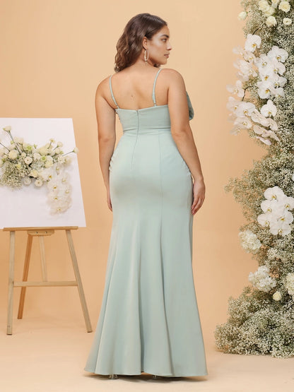 RoselleDress sage green plus size mermaid bridesmaid gown adjustable spaghetti strap zipper back satin dress back view floor‑length