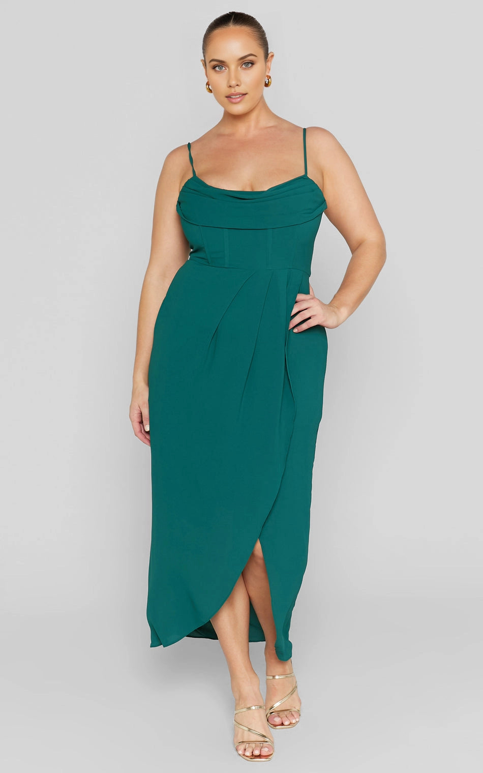 Glamorous A‑Line Cowl Neck Spaghetti Strap Open Back Slit Maxi Length Plus Size Prom Dress