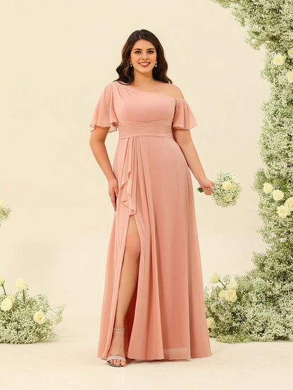 Roselledress Dusty Pink A Line One Shoulder Flutter Sleeve Zip Back Maxi Plus Size Bridesmaid Dress 