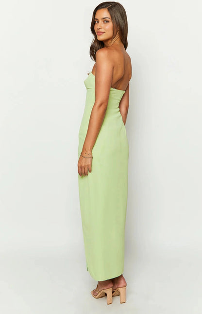 Back view RoselleDress light green low back column midi dress adjustable strap wedding guest gown