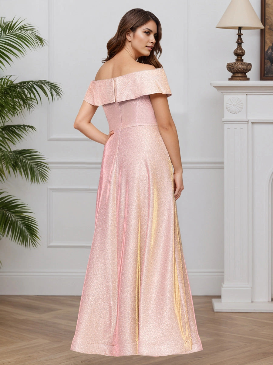 Back view Roselledress rose gold glitter formal dress, plus size mother of bride gown with off‑shoulder fold collar and center back zipper