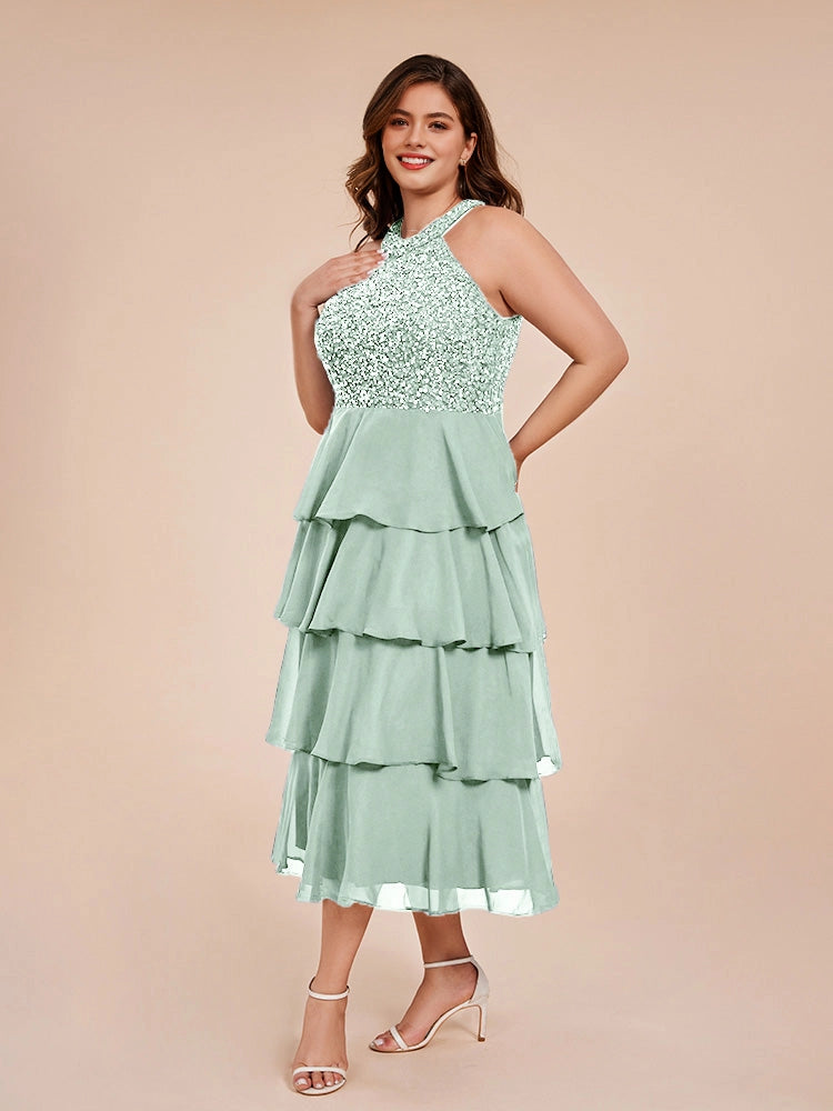 elegant a‑line halter sleeveless tie‑back midi plus size wedding guest dress
