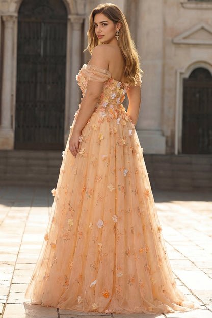 Plus Size Romantic A-Line Off-Shoulder Tulle Sleeve Lace-Up Back Long Wedding Guest Dress