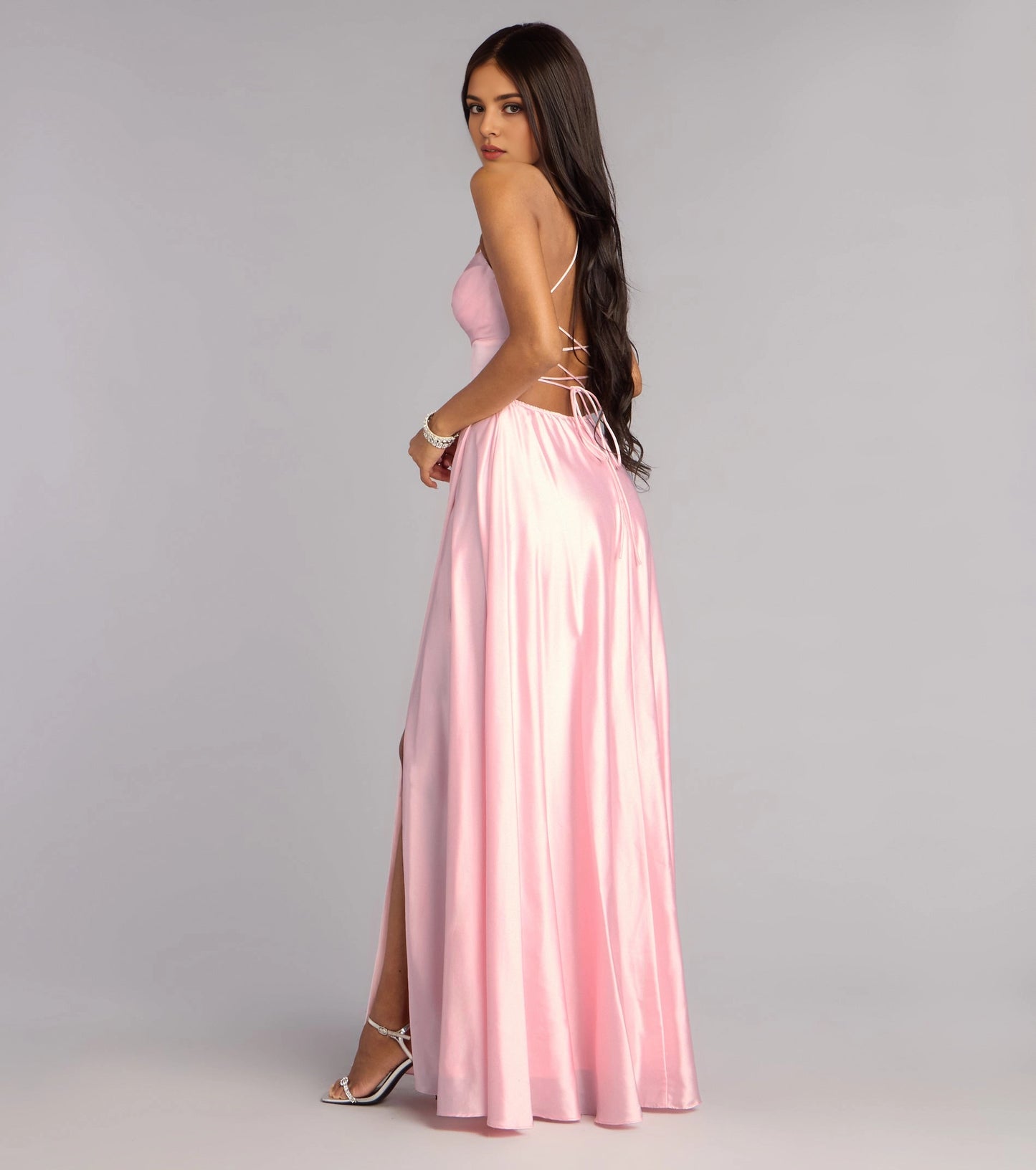 Shiny A-Line Cowl Spaghetti Strap Lace Up Back Slit Maxi Prom Dress