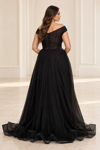 Back view of a black tulle prom dress with a sheer ruched bodice, vertical seam detailing, center zipper and sweeping train.
