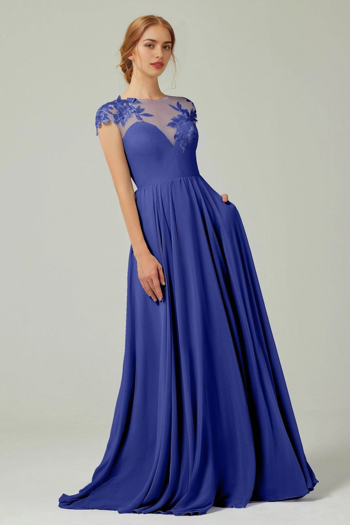 Plus Size Romantic A-Line Illusion Neck Cap Sleeve Button Back Long Bridesmaid Dress