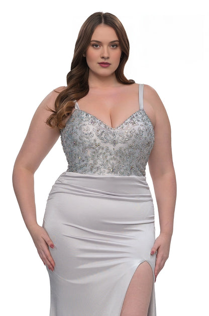 Plus Size Glamorous Satin Sheath V-Neck Sleeveless Scoop-Back Floor-Length Prom Dress