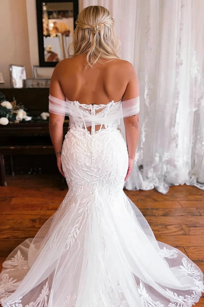 Back view Roselledress plus‑size bridal gown corset lace‑up open back off‑shoulder tulle mermaid wedding dress with lace train