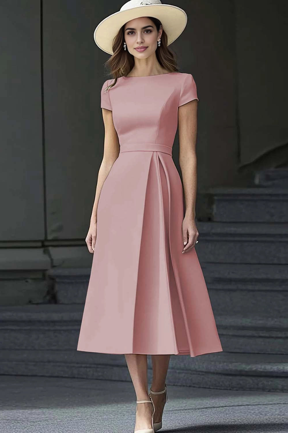 Elegant Plus-Size A-Line Round-Neck Short-Sleeve Closed-Back Mother of the Bride Dress