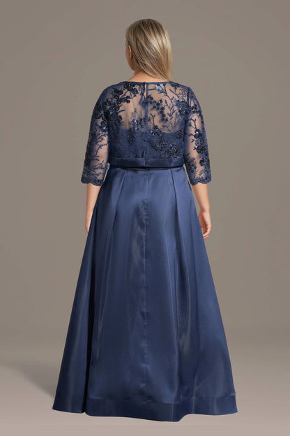 Navy blue plus size formal dress with lace back, zipper and flowing satin-look skirt